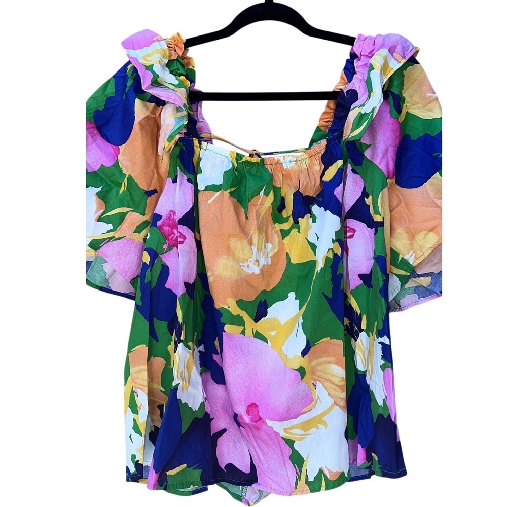 Ces Femme Floral Ruffle Square Neck Top Multicolor Short Sleeve 1XL